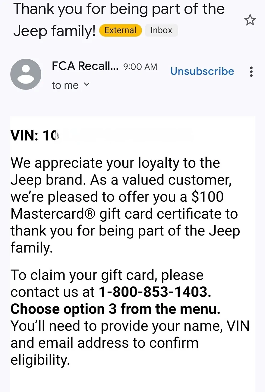 Jeep Wrangler JL $100 mastercard gift card certificate Screenshot_20250828_094227_Gmail