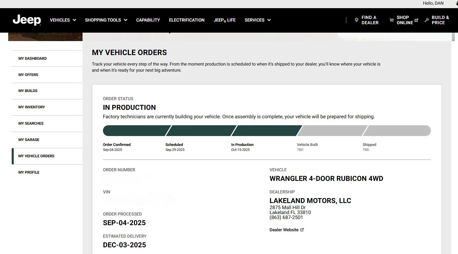 Jeep Wrangler JL 2026 Order Waiting Room Jeep order status 3 in production redacted