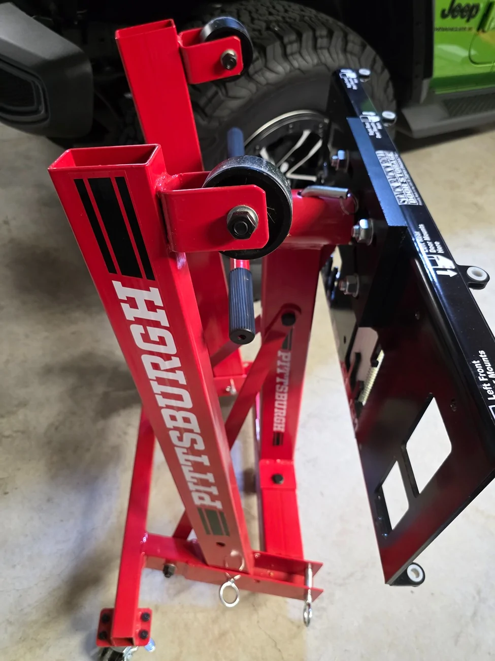 Jeep Wrangler JL Topsy Stack, Rack & Roll Door Storage and Pittsburgh 2000lb Foldable Engine Stand (DFW Area) 20251024_205350