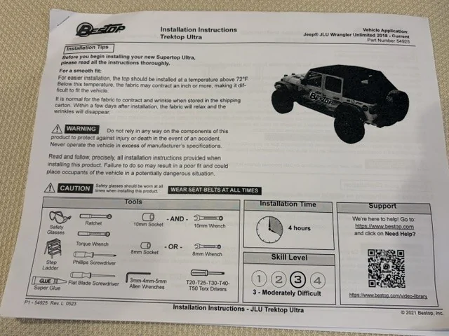 Jeep Wrangler JL Bestop Trektop Ultra-Fastback style Besto