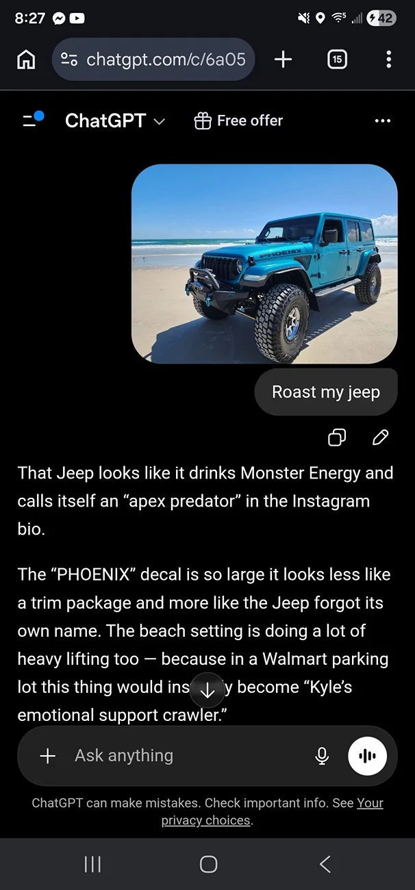 Jeep Wrangler JL Let AI Roast Your Jeep 🔥 Screenshot_20260514_082758_Chrom