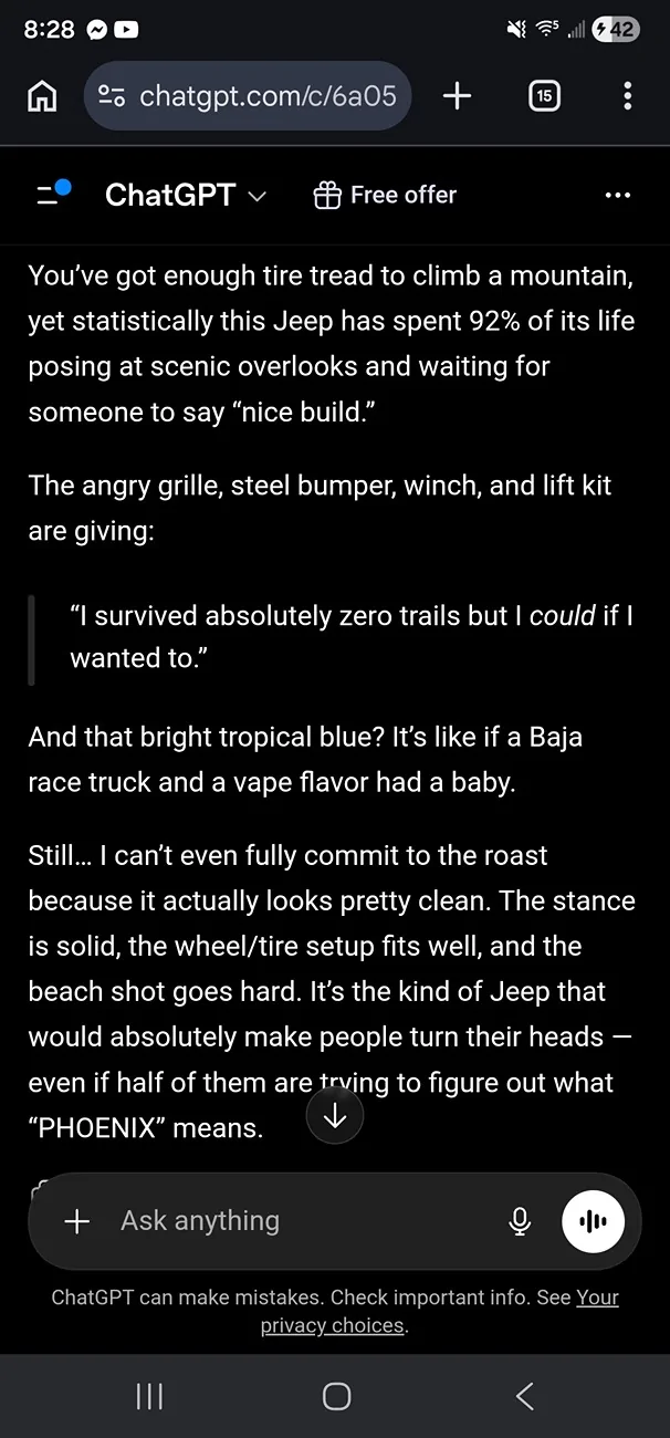 Jeep Wrangler JL Let AI Roast Your Jeep 🔥 Screenshot_20260514_082809_Chrom