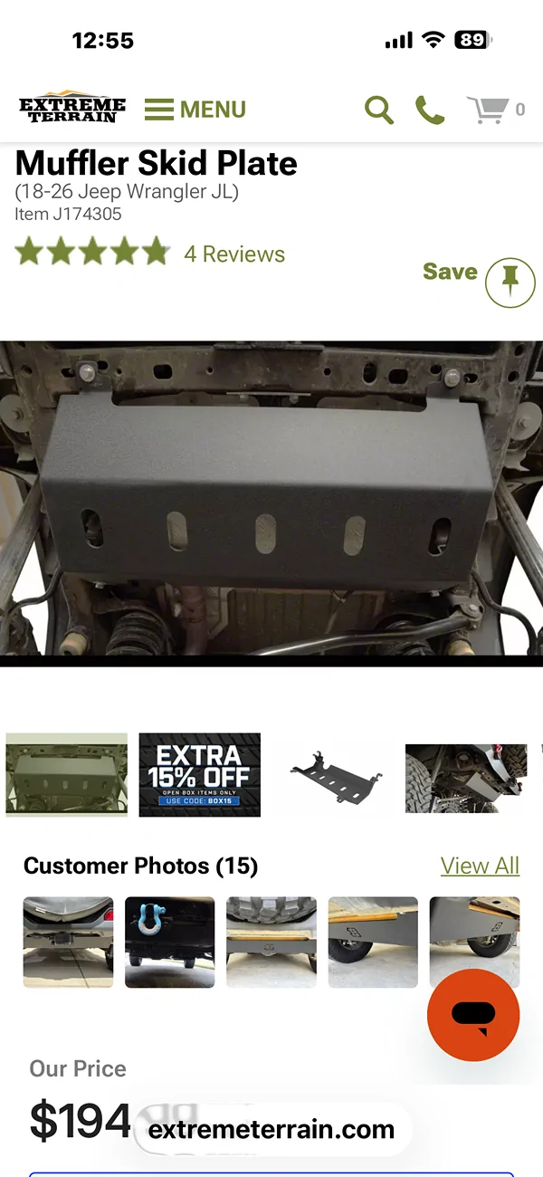 Jeep Wrangler JL Diffs - Replace Covers or add a plate Jeep Wrangler Muffler Skid Plate (18-26 Jeep Wrangler JL) - Free Shipping