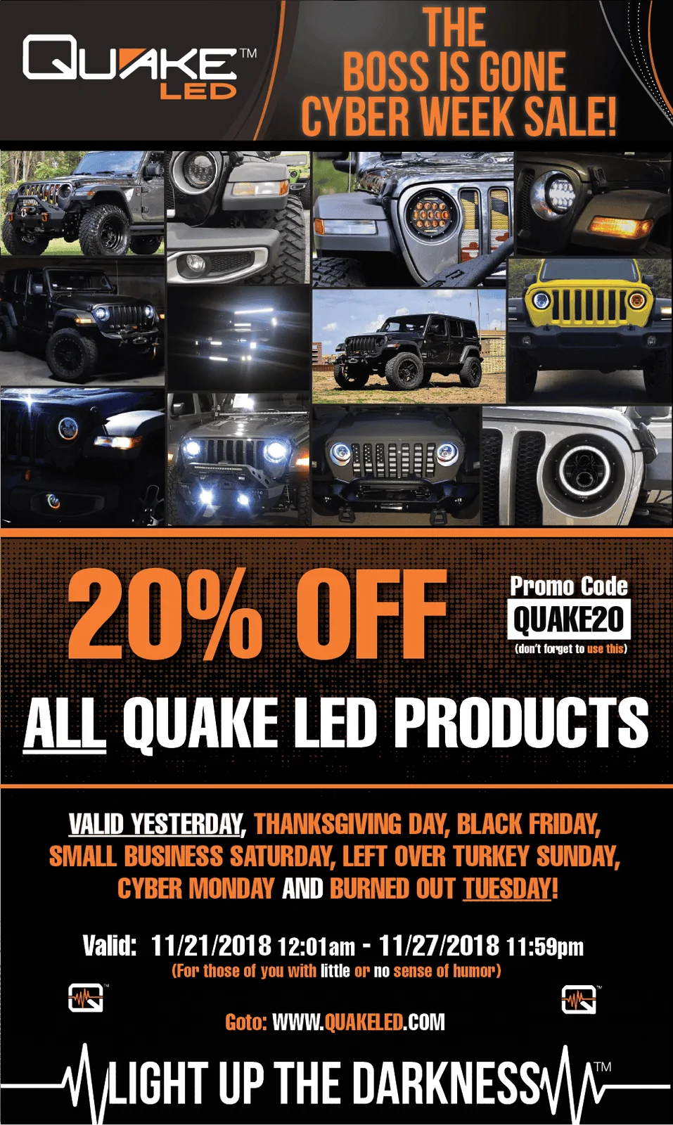 Jeep Wrangler JL QUAKE LED Black Friday Discount Code Cyber_Week_2018-01