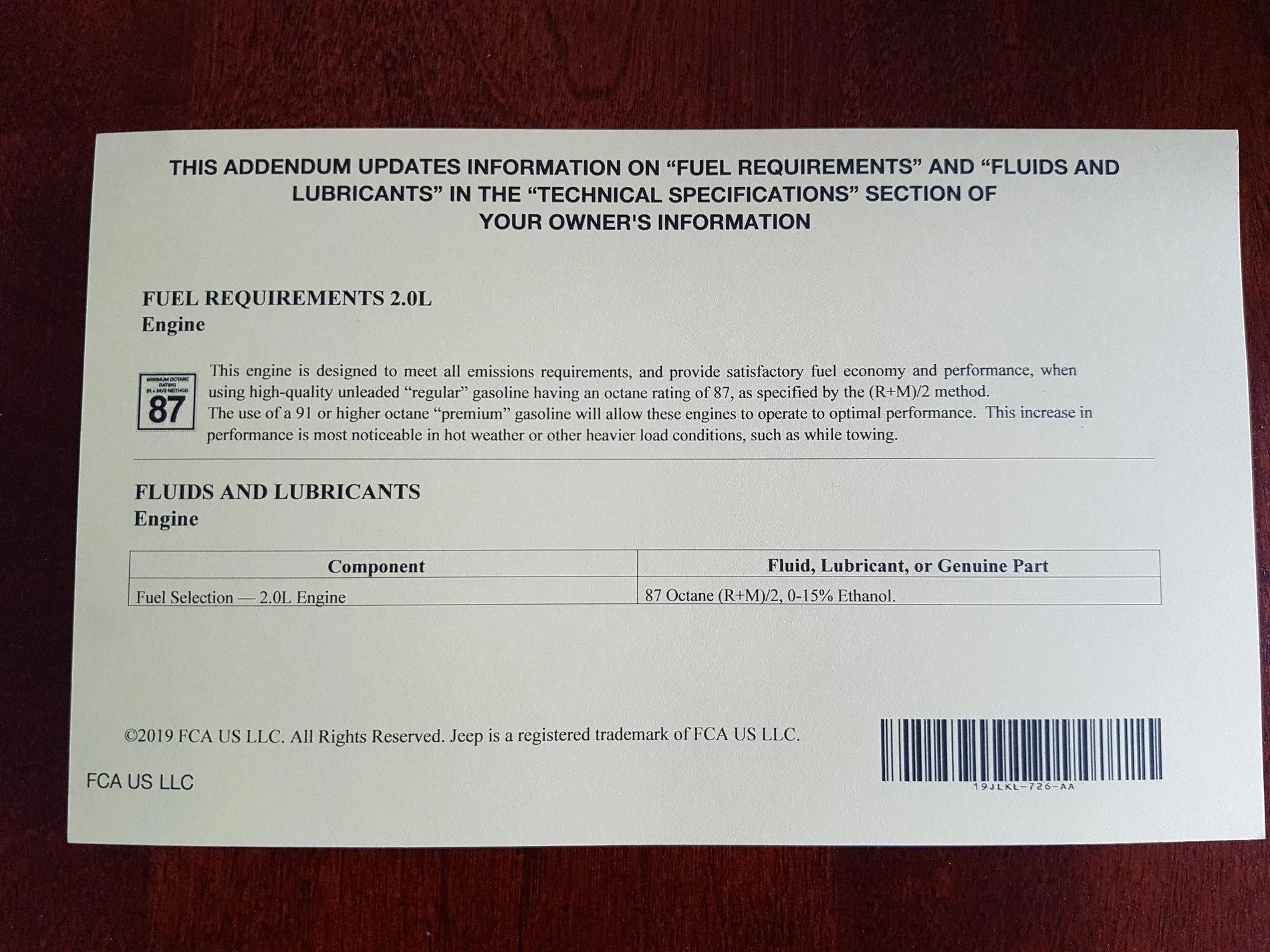 Jeep Wrangler JL FCA clarification on 2.0L & 91 octane 20190315_134016