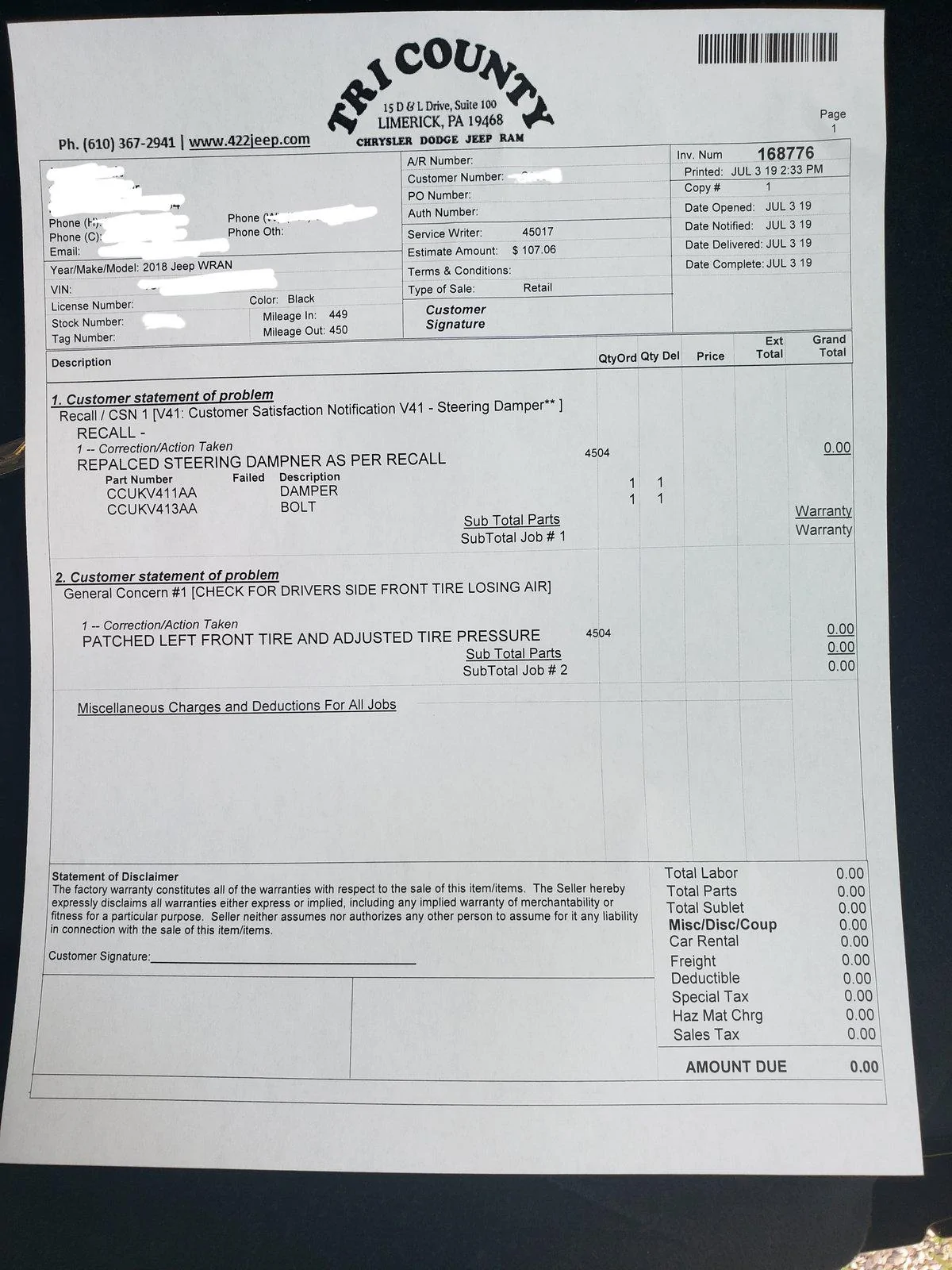 Jeep Wrangler JL Got the V41 recall work done 20190703_152153