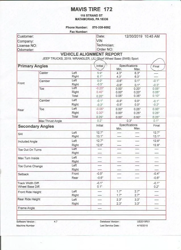Jeep Wrangler JL Bad Wheel Alignment from the factory Before and After Alignment Report