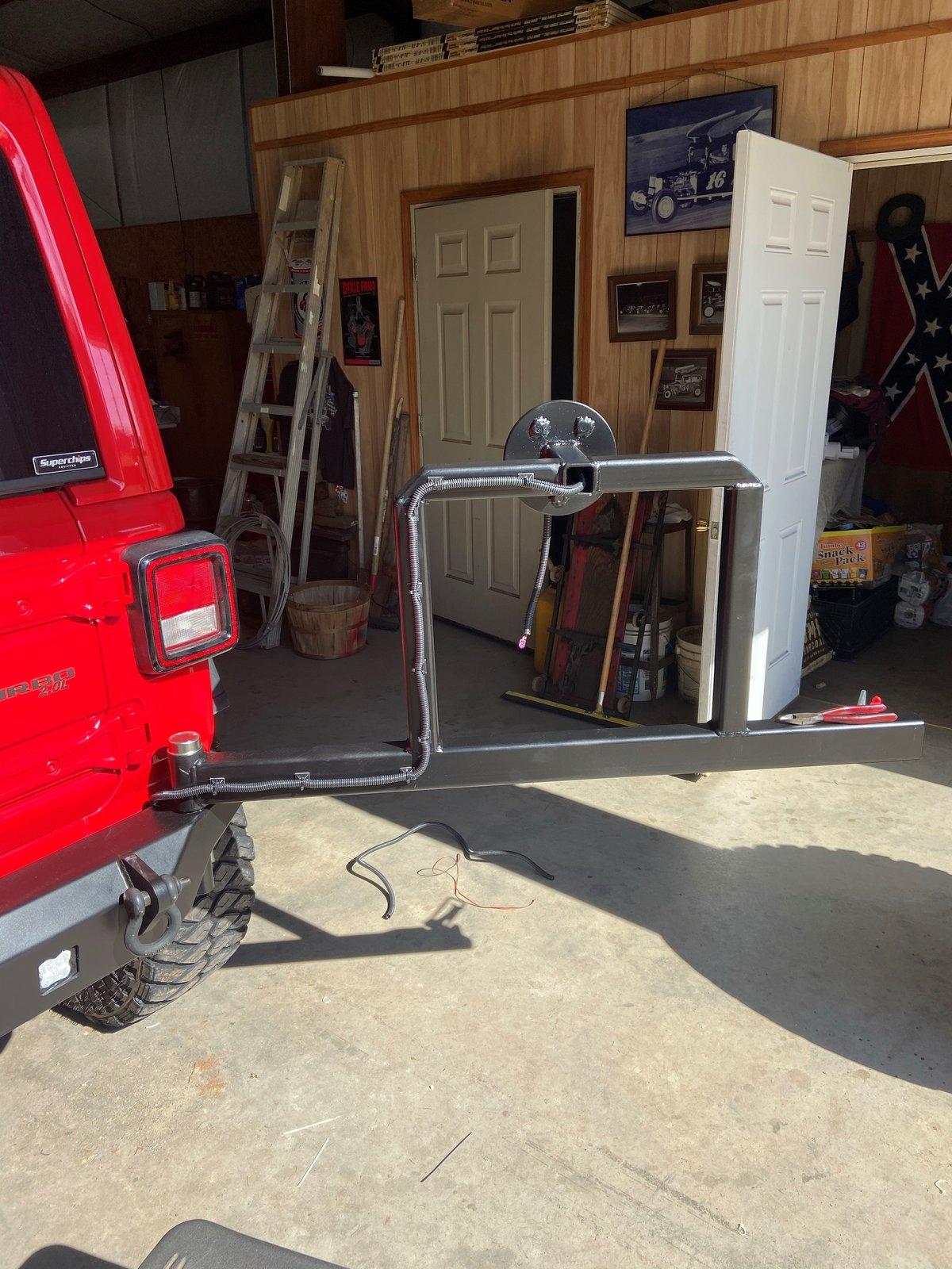 Jeep Wrangler JL Homebuilt tire carrier attached and wired