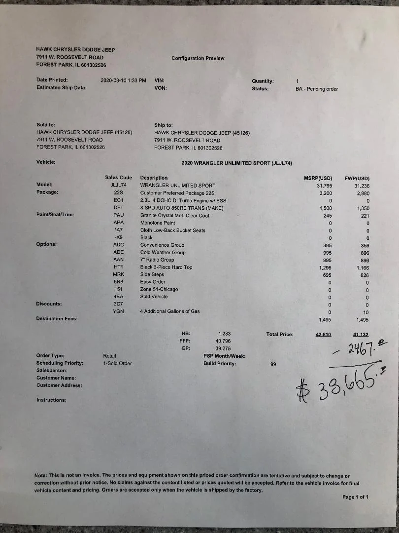 Jeep Wrangler JL Rate This Deal build sheet Wrangler