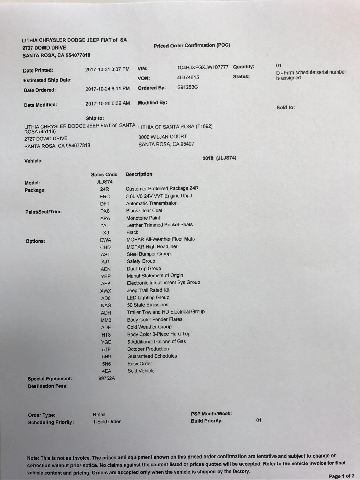 Jeep Wrangler JL Just received VIN with October build date 2018 JLU