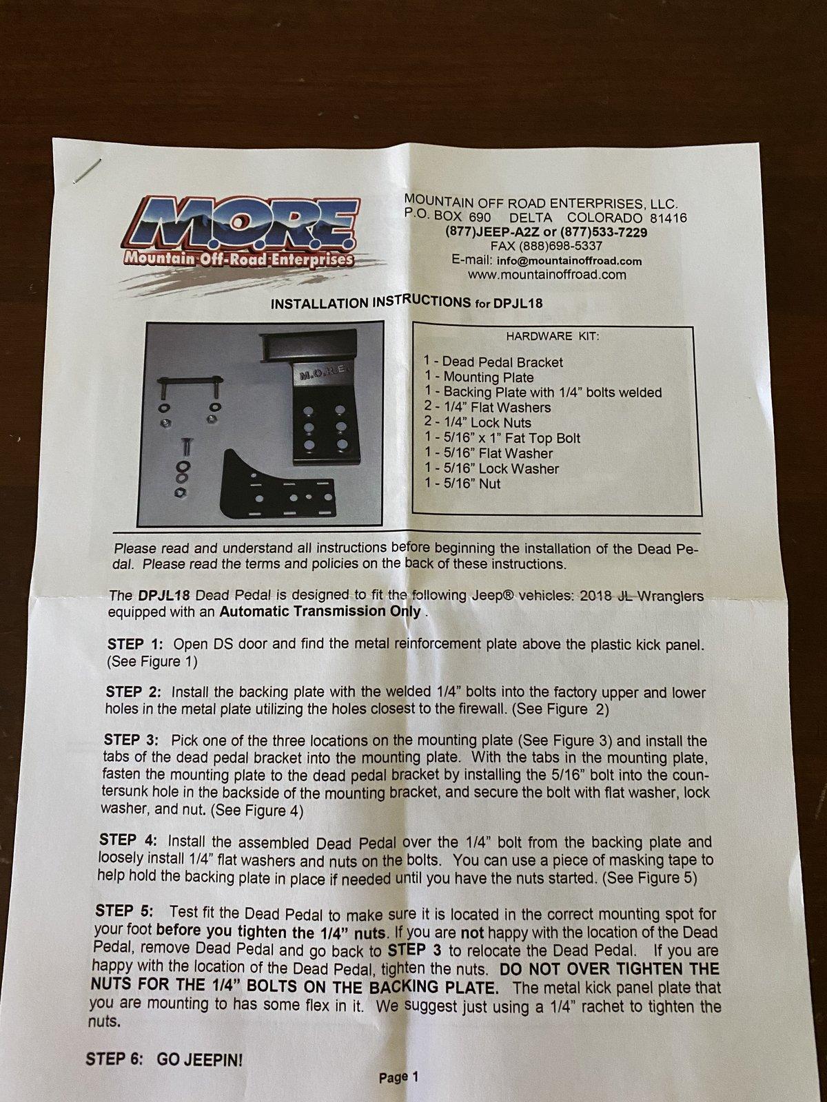 Jeep Wrangler JL M.O.R.E. Dead Pedal install tip 492177DB-092D-4839-9DF5-652F9A99202A