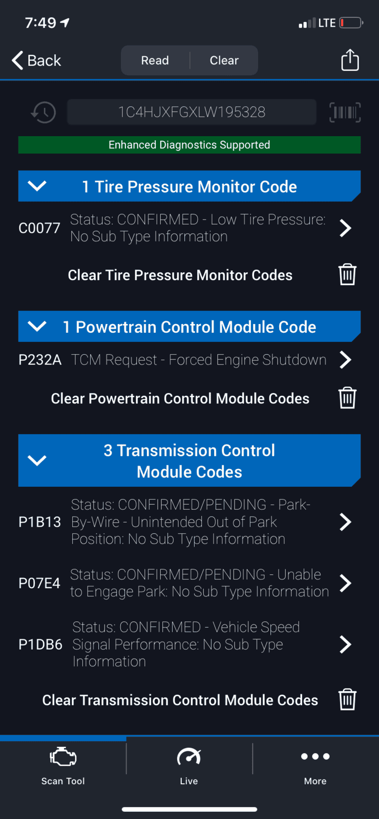 Jeep Wrangler JL Service Transmission:  TCM codes 5D864417-9491-4104-879F-F1D828909640