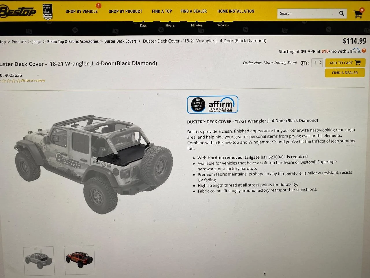 Jeep Wrangler JL New Bestop Duster cover IMG_1776
