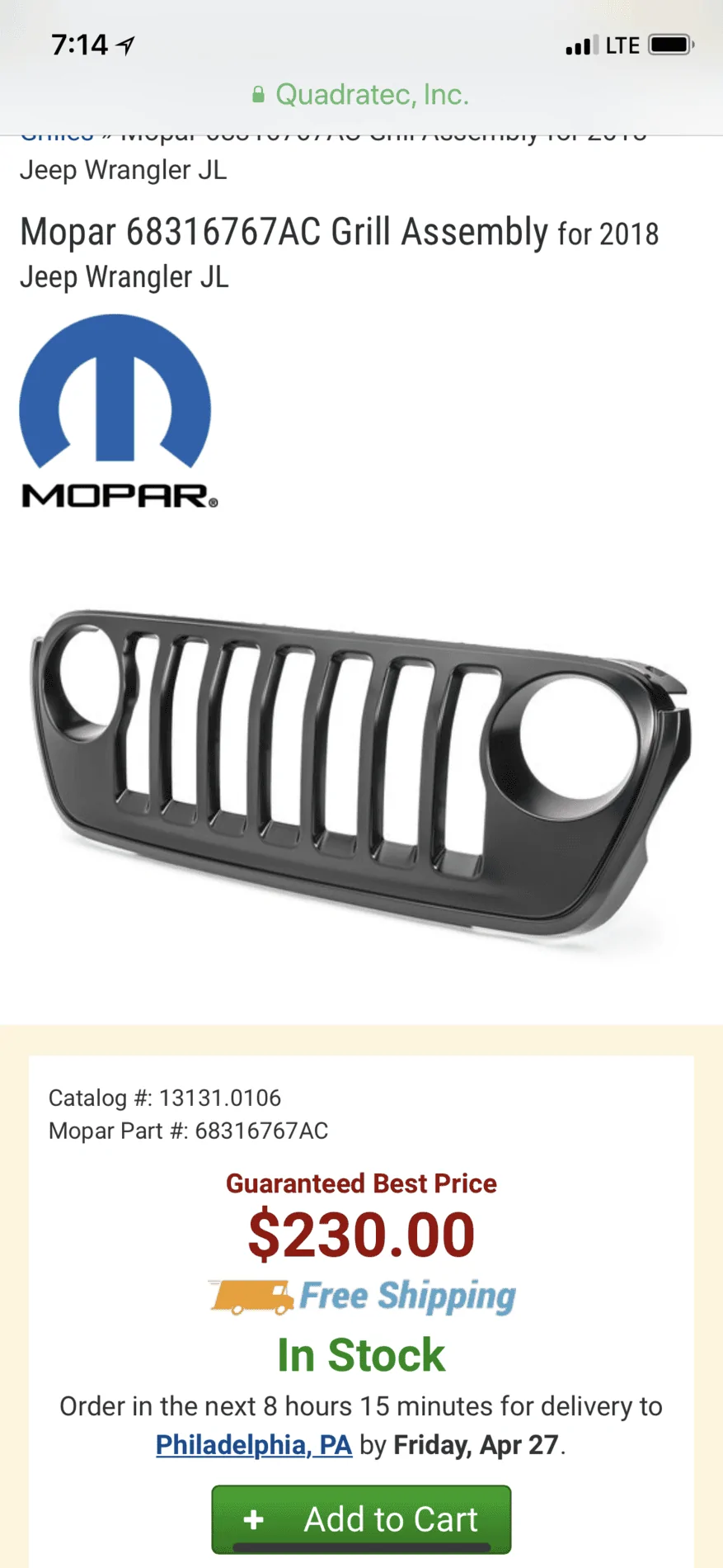 Jeep Wrangler JL Mopar Satin Black Grill 46198174-4753-46AD-822A-E81DCBEDDB40