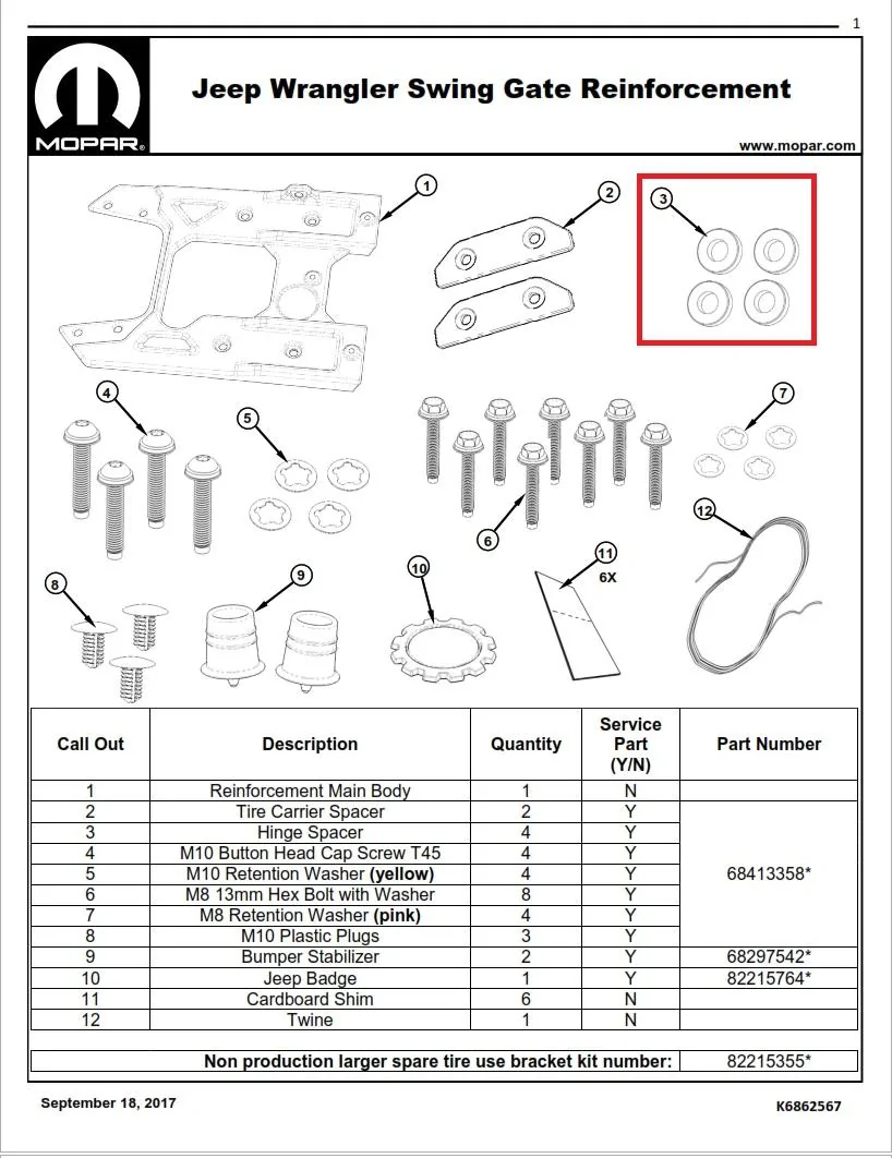 Jeep Wrangler JL Swing Gate Reinforcement Spacers 2cs5a2