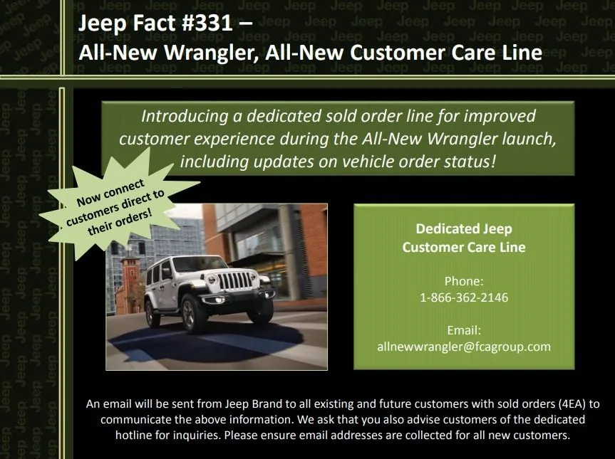 Jeep Wrangler JL JL Wrangler JEEP Customer Care Hotline J