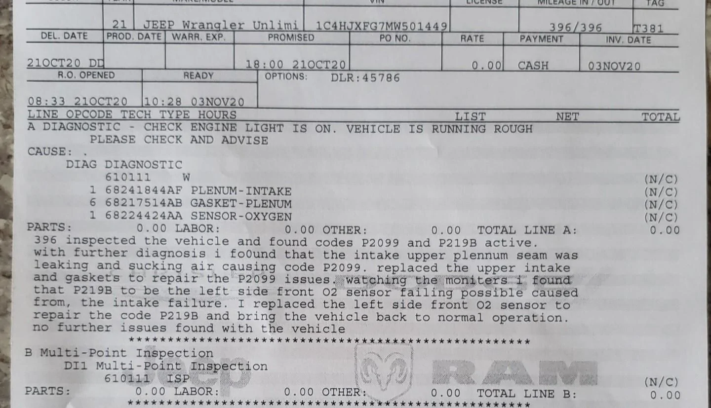 Jeep Wrangler JL Check Engine Light - Code p0137 20201103_122310~01