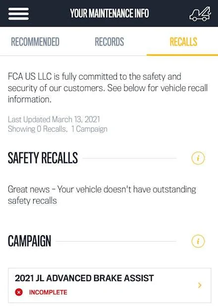 Jeep Wrangler JL Software Update Recall -- "2021 JL Advanced Brake Assist" [Code Y09] recall2