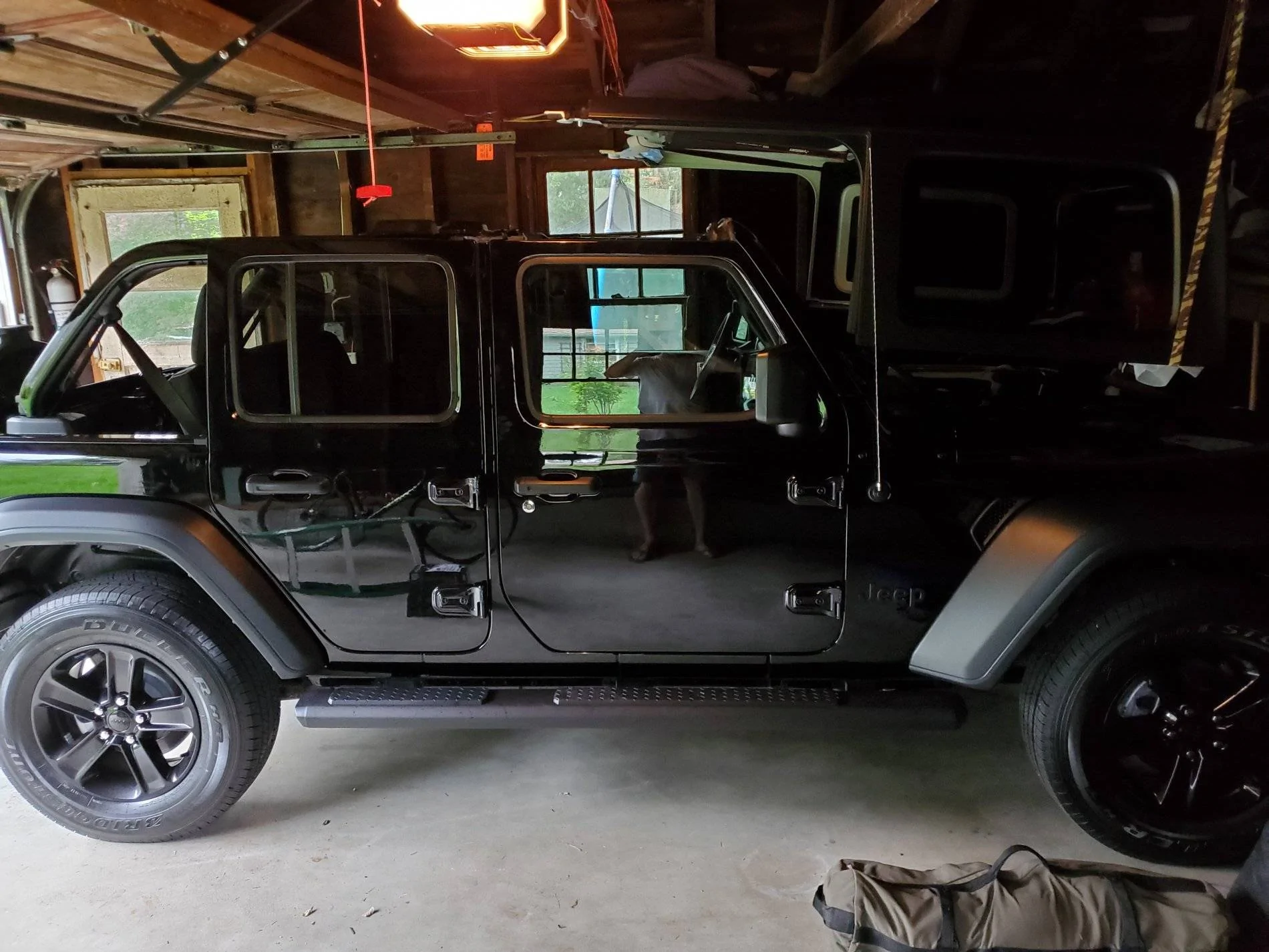 Jeep Wrangler JL Hanging top from garage ceiling. 20200605_173232