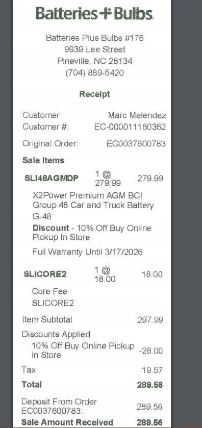 Jeep Wrangler JL Northstar battery (local pickup only) BatteriesPlus