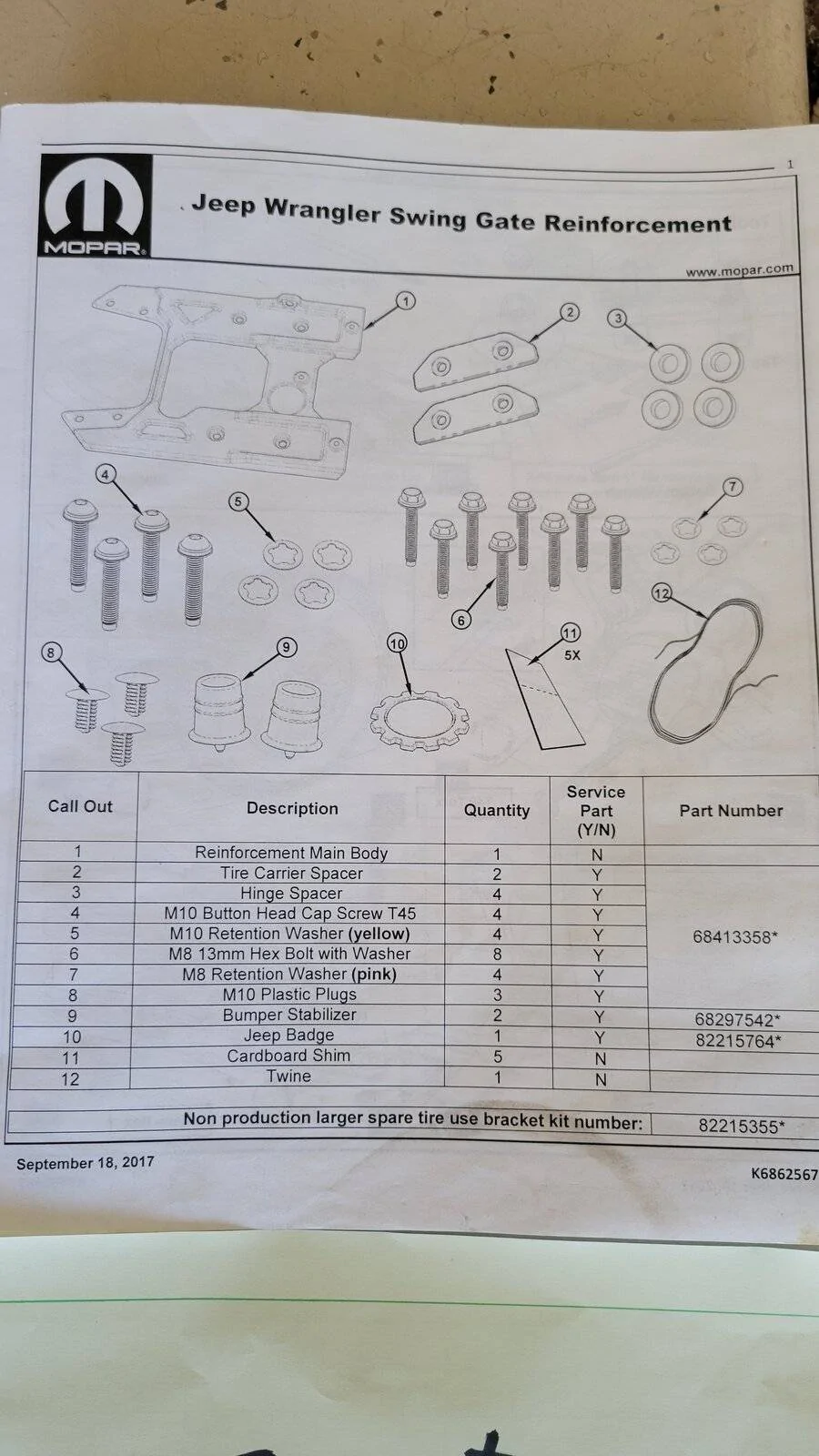 Jeep Wrangler JL WTB: Mopar JL Tailgate Reinforcement Kit 82215356AB 20210629_100651