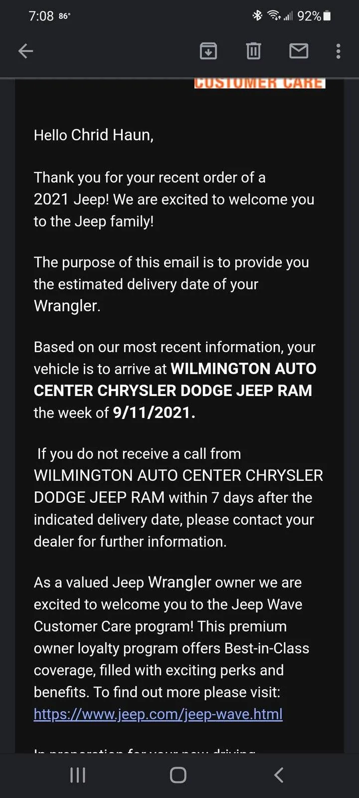 Jeep Wrangler JL Guide: Wrangler Order, Build, Tracking and Delivery Process Screenshot_20210730-190824_Gmail