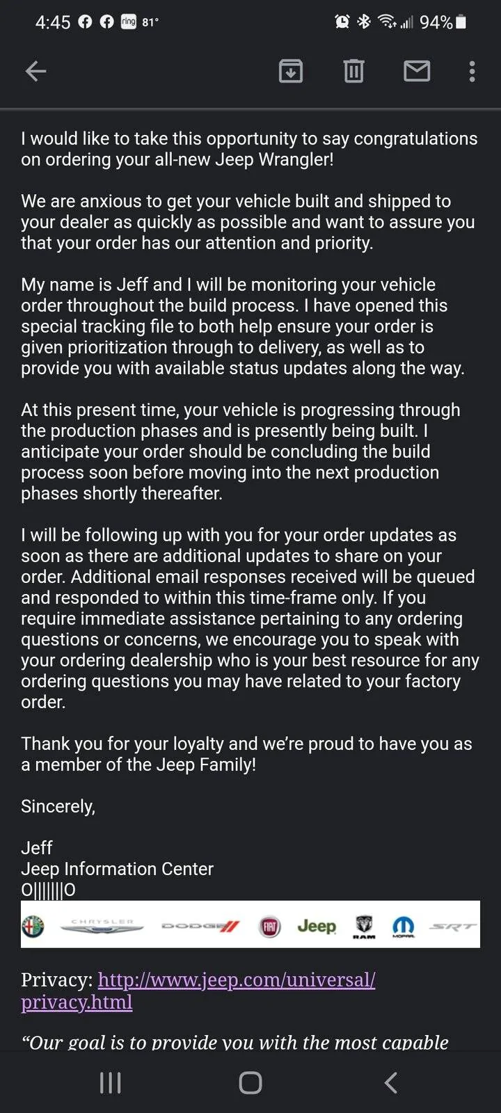 Jeep Wrangler JL Guide: Wrangler Order, Build, Tracking and Delivery Process Screenshot_20210827-164526_Gmail