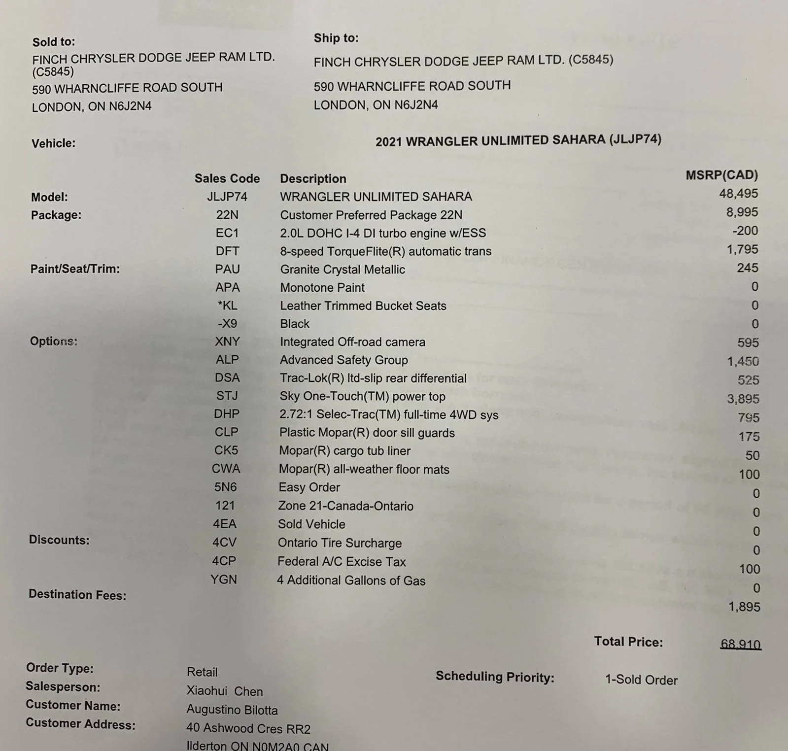 Jeep Wrangler JL Canadian Ordering Experiences Order
