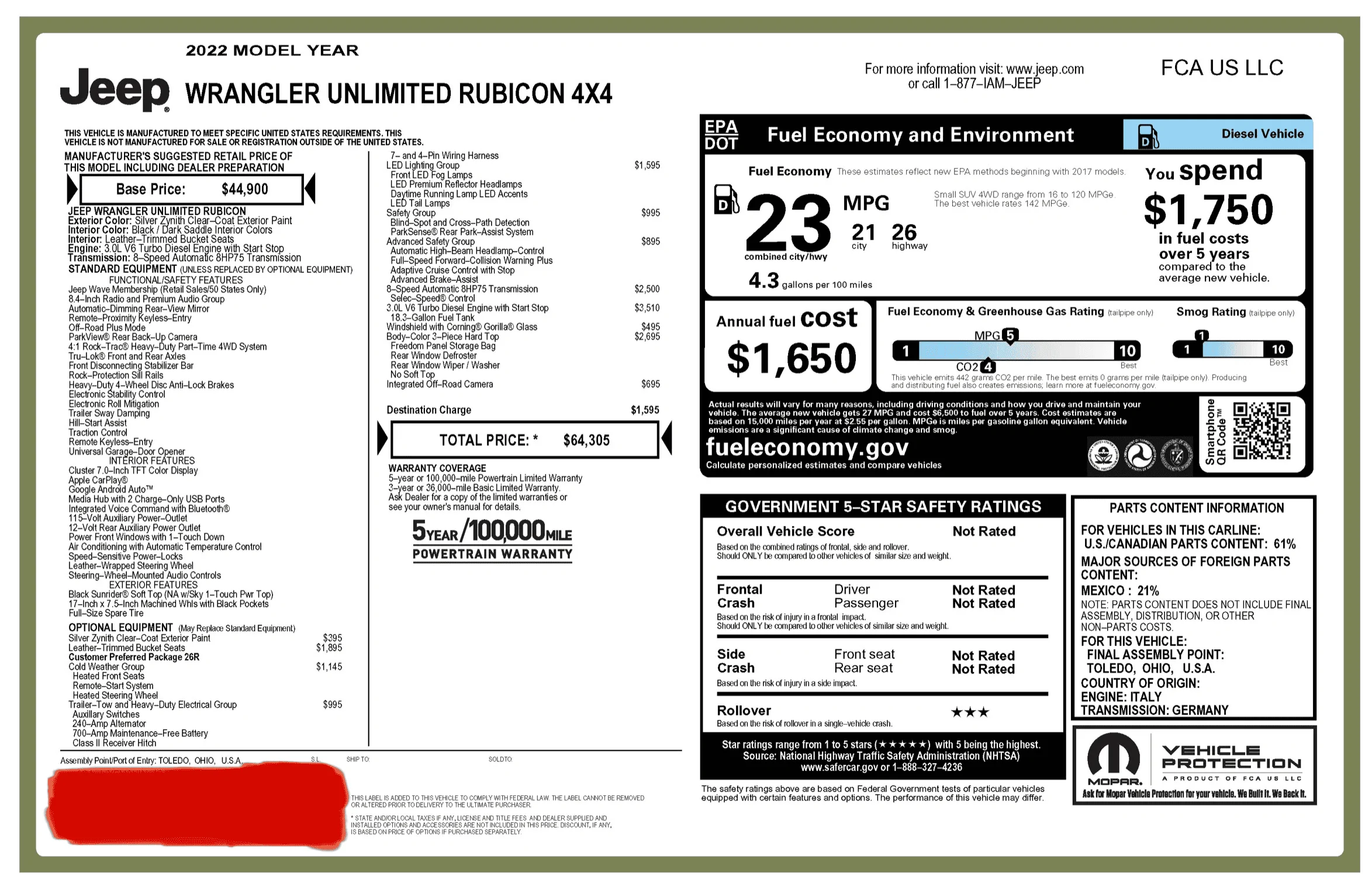 Jeep Wrangler JL 2022 Price Increase Window Sticker RedactedWindowStickerPNG