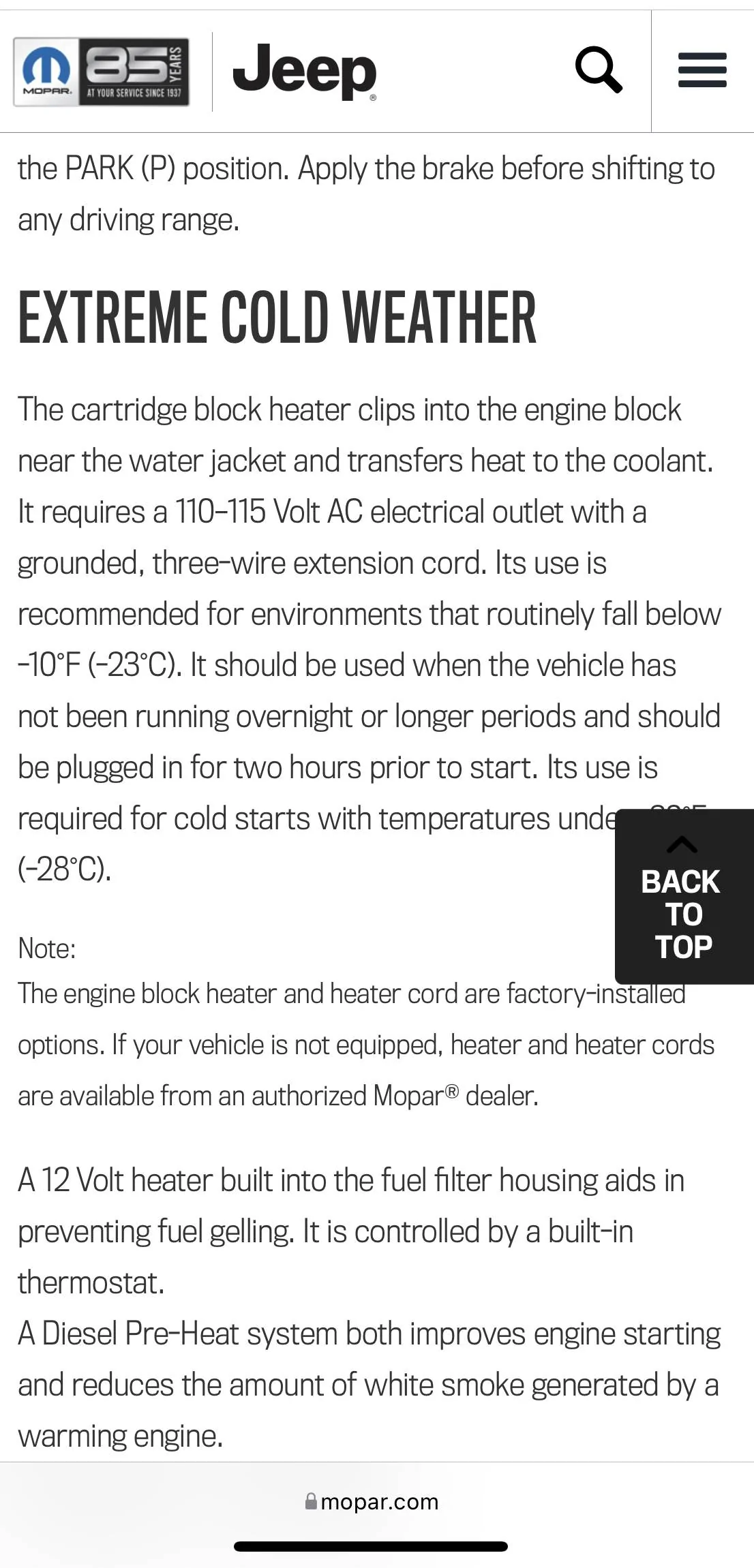 Jeep Wrangler JL Diesel Engine Block Heater 089C3A43-5F5A-47B4-980B-733B700F28B3