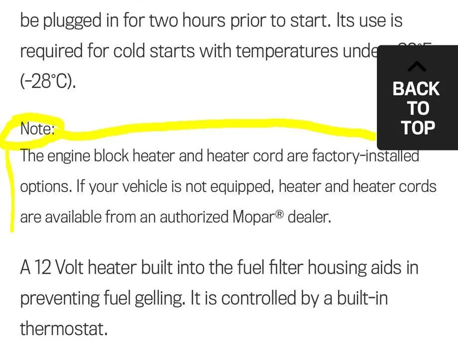 Jeep Wrangler JL Diesel Engine Block Heater Heater