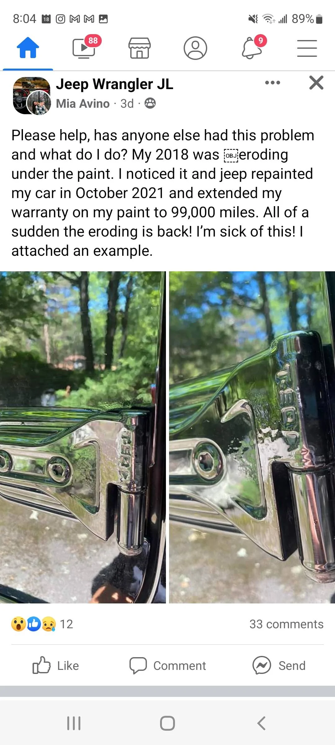 Jeep Wrangler JL Bubbles in Paint at Door Hinges Screenshot_20220618-080443_Facebook