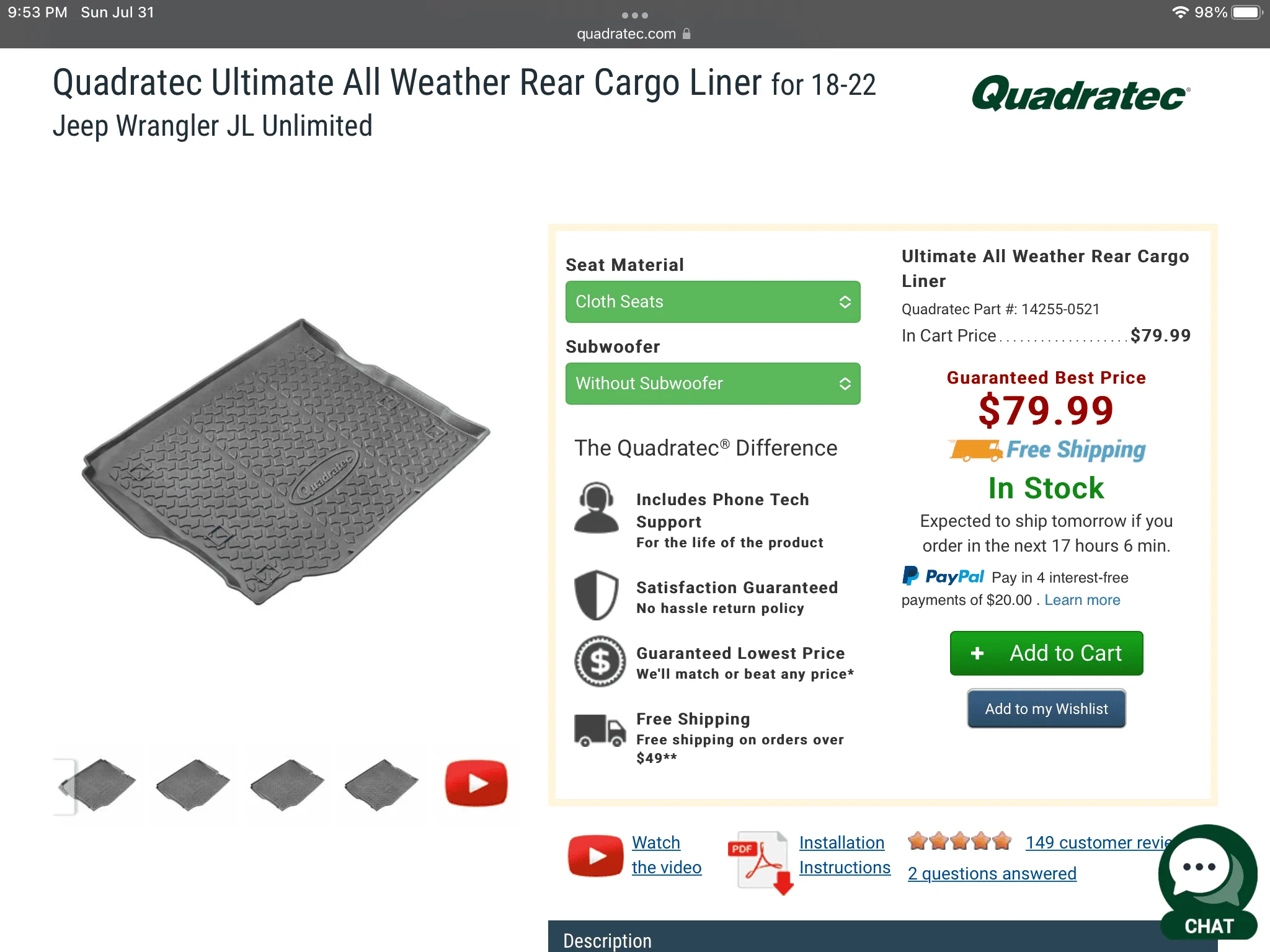 Jeep Wrangler JL Quadratec rear cargo mat $60 Savannah 5E425BA7-8DA4-4F86-97B9-3B5ED1AF0EED