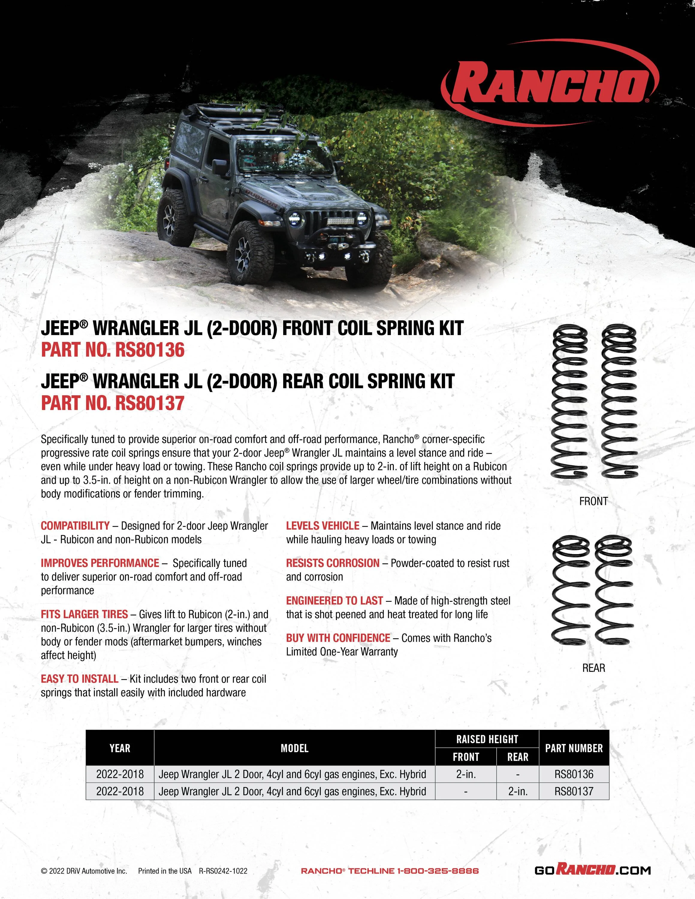 Jeep Wrangler JL Coils built for your 2 door from Rancho! WranglerJL CoilSpringKit_RS80136-7_Sell_101022
