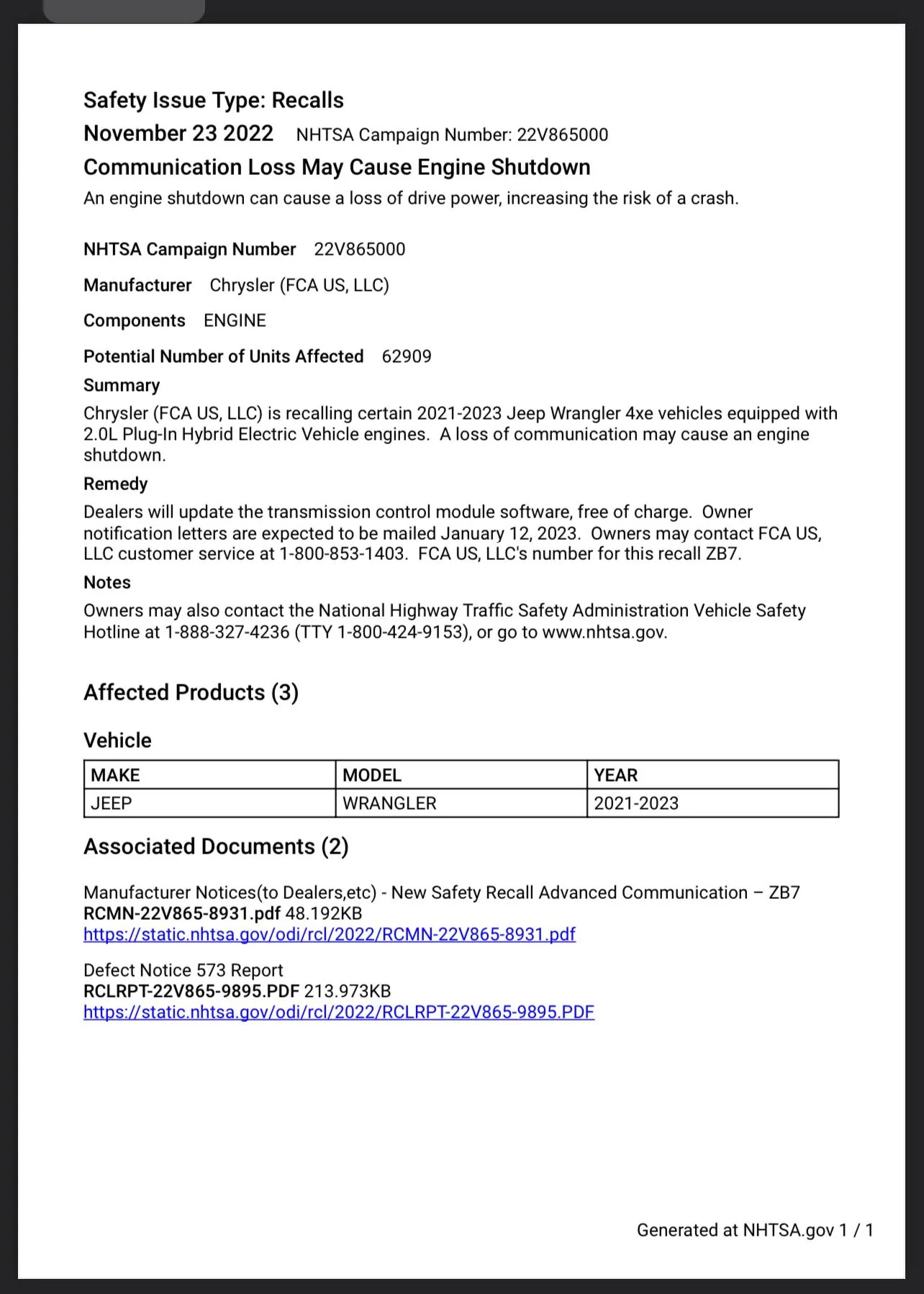 Jeep Wrangler JL 4xe recall 22V865000. 788D248A-1A6C-4682-BE55-6334252614B2