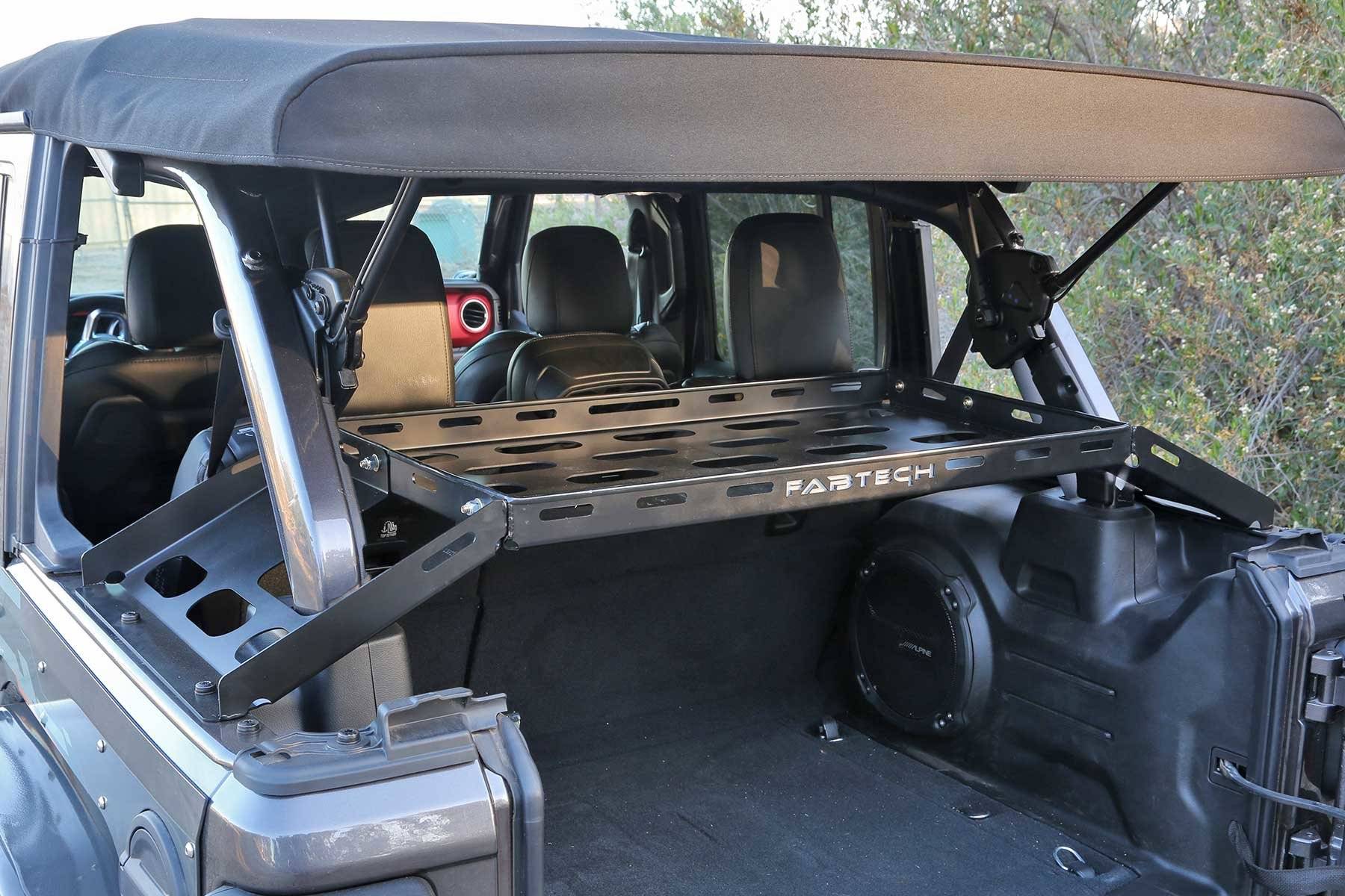 Jeep Wrangler JL Interior cargo rack that work with soft top folded down Fabtech_Interior_Cargo_Rack_JL_FTS24211_beauty-3