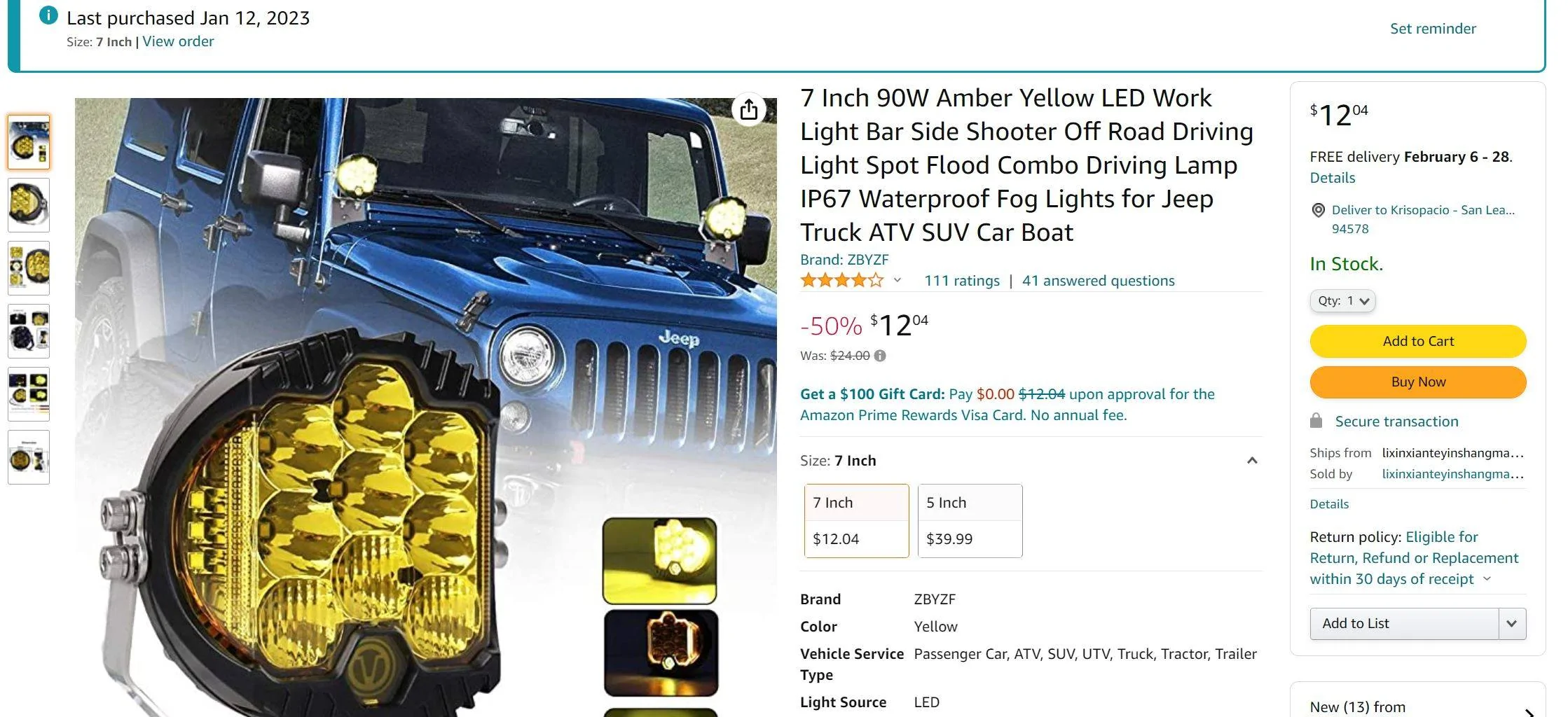 Jeep Wrangler JL 7 Inch 90W Amber Yellow LED  Amazon Price Error Captur