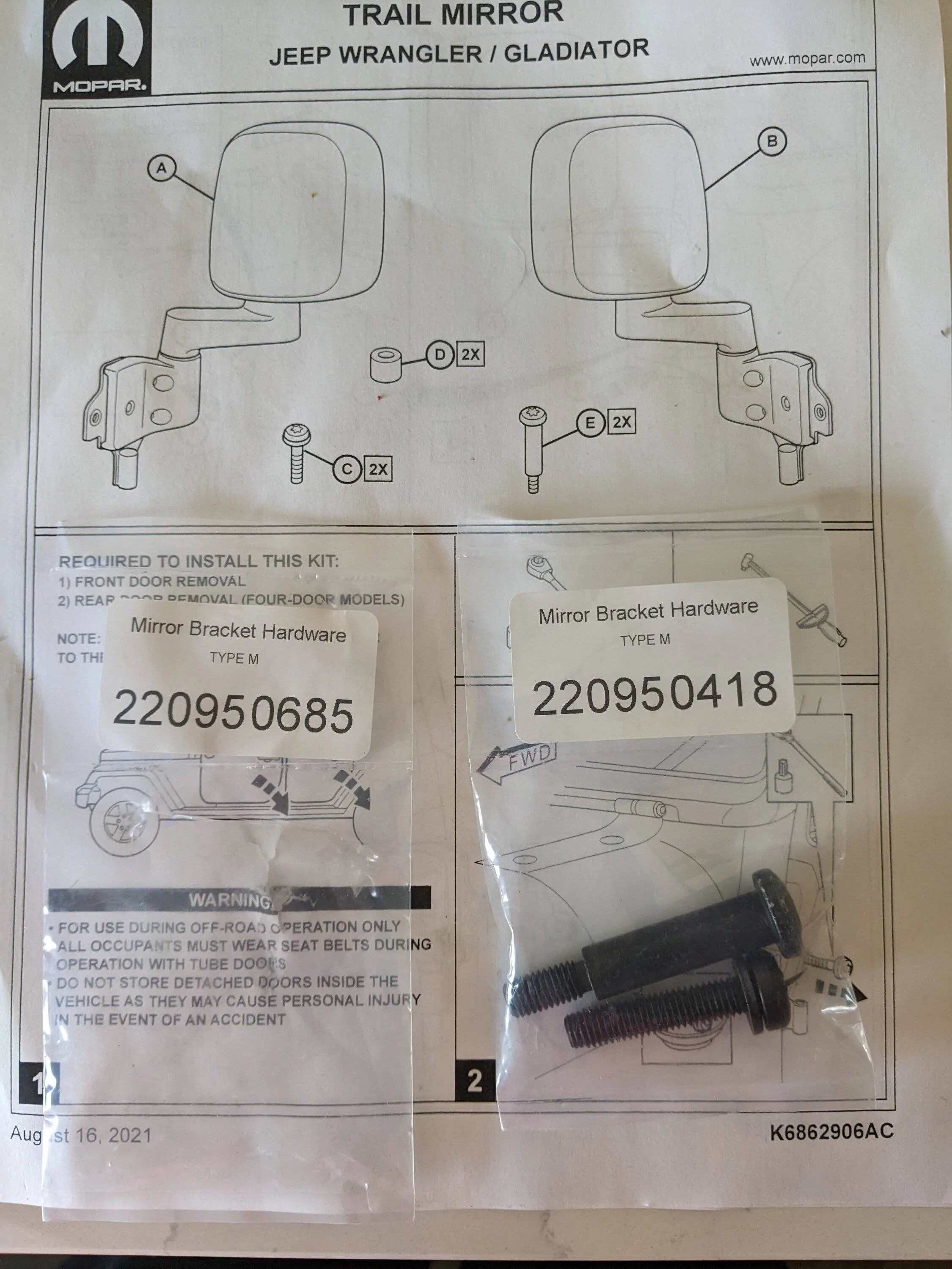 Jeep Wrangler JL Missing Hardware for Mirror Kit TrailMirror