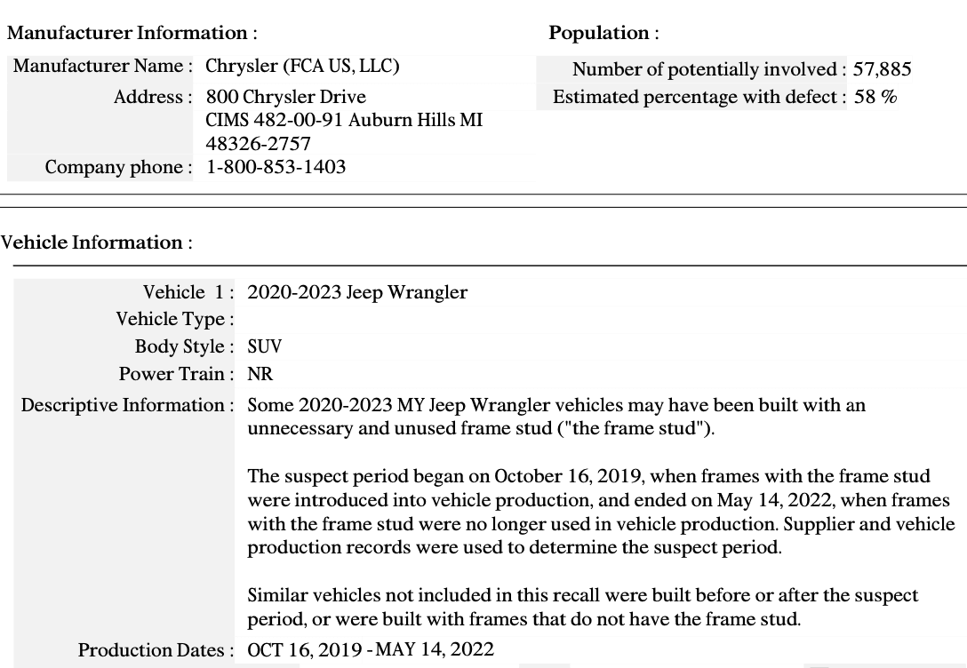 Jeep Wrangler JL Jeep Wrangler Recall For Fire Risk: 57,885 vehicles from 2020-2023 model years (unnecessary frame stud installed) Screen Shot 2023-03-28 at 5.27.25 PM