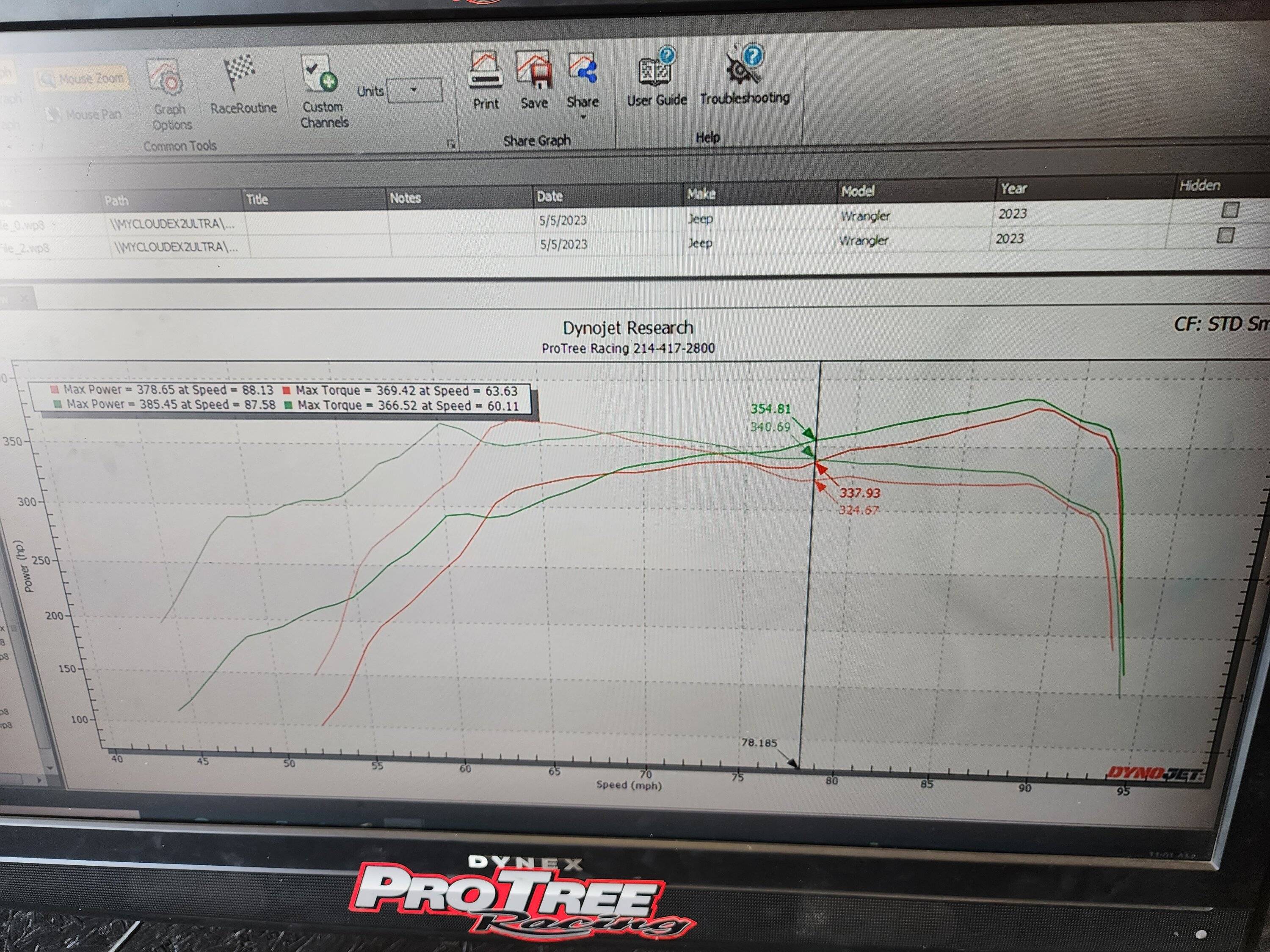 Jeep Wrangler JL AFE CAI installed on 392 V8 -- before and after dyno numbers 20230505_110111