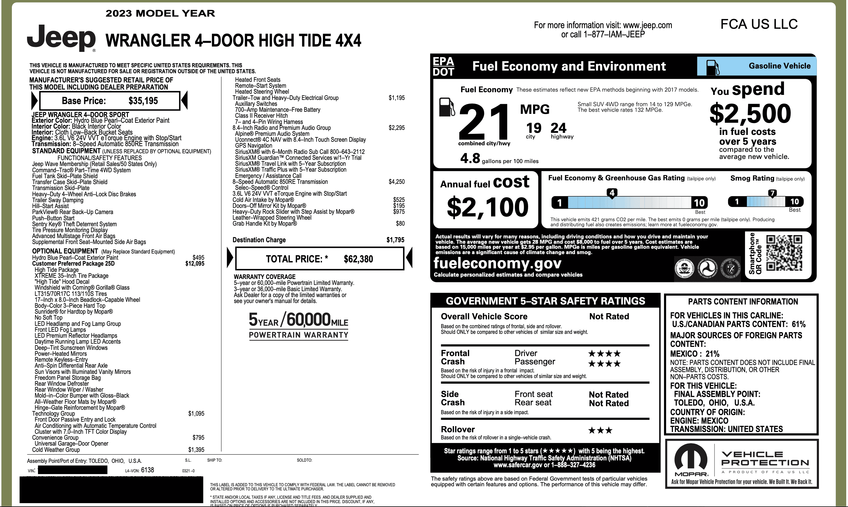 Jeep Wrangler JL 2023 Hydro Blue High Tide - 'Build' Tracker 2023 Jeep High Tide Window Sticker