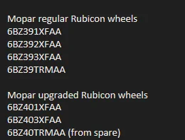 Jeep Wrangler JL Rubicon Wheel Part Numbers 1695261180564