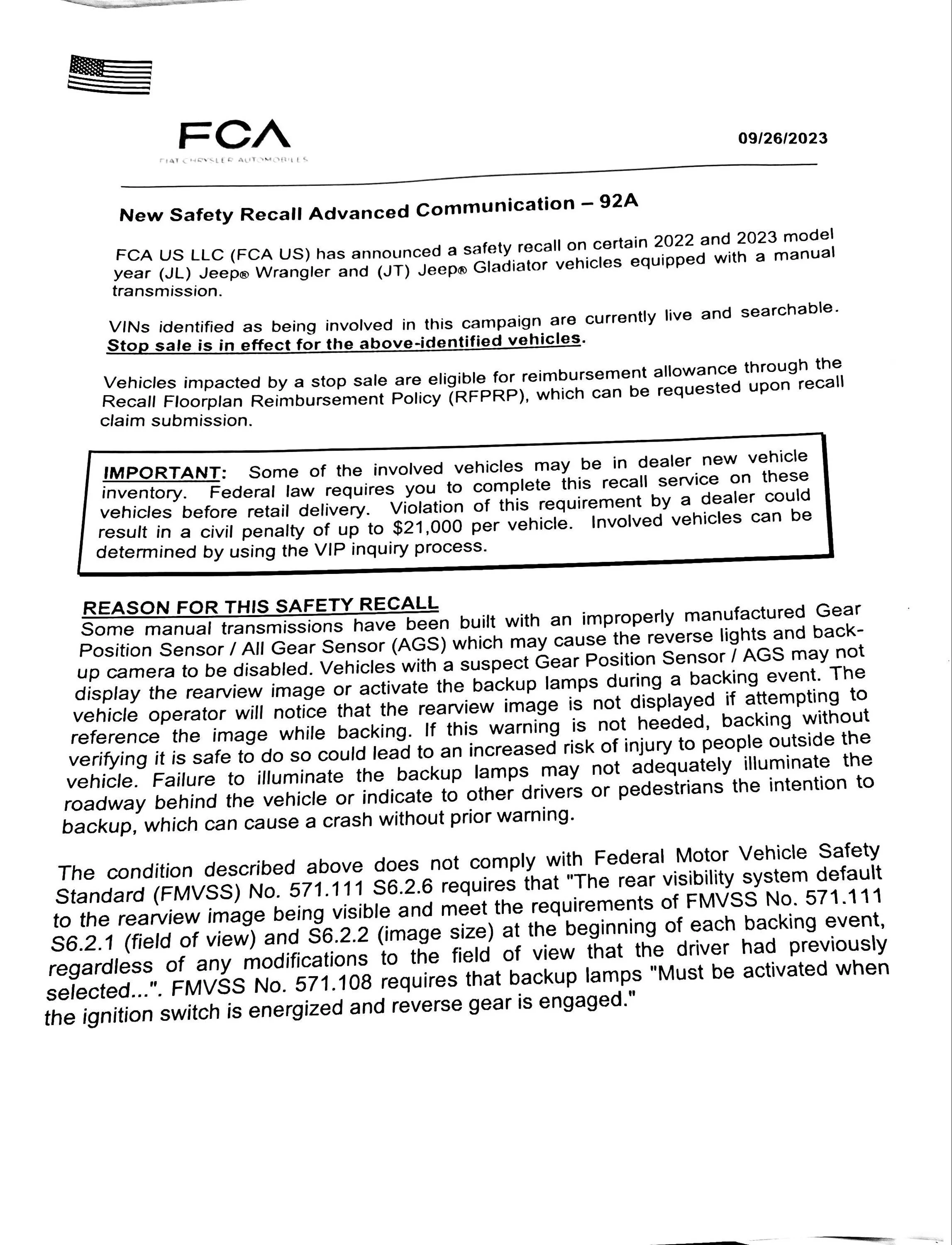 Jeep Wrangler JL Safety Recall 92A & Stop Sale for 6-Speed Manual 2022/2023 Wranglers 202309260914001000-jpg