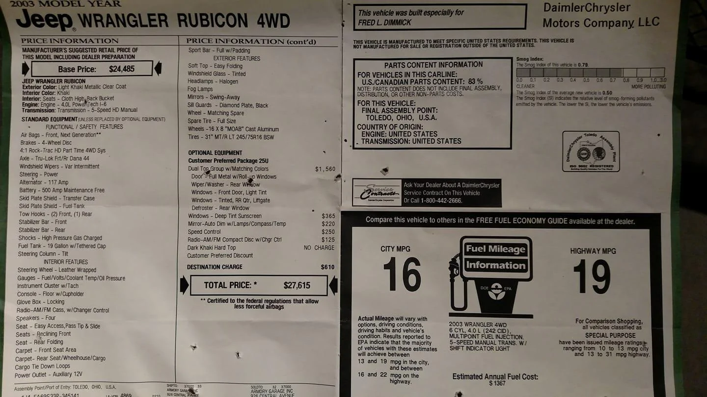 Jeep Wrangler JL Pricing Difference (1997 Window Sticker) jeepsticker