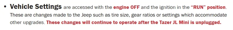 Jeep Wrangler JL My first Tazer Mini question TazerMini_VehSettings