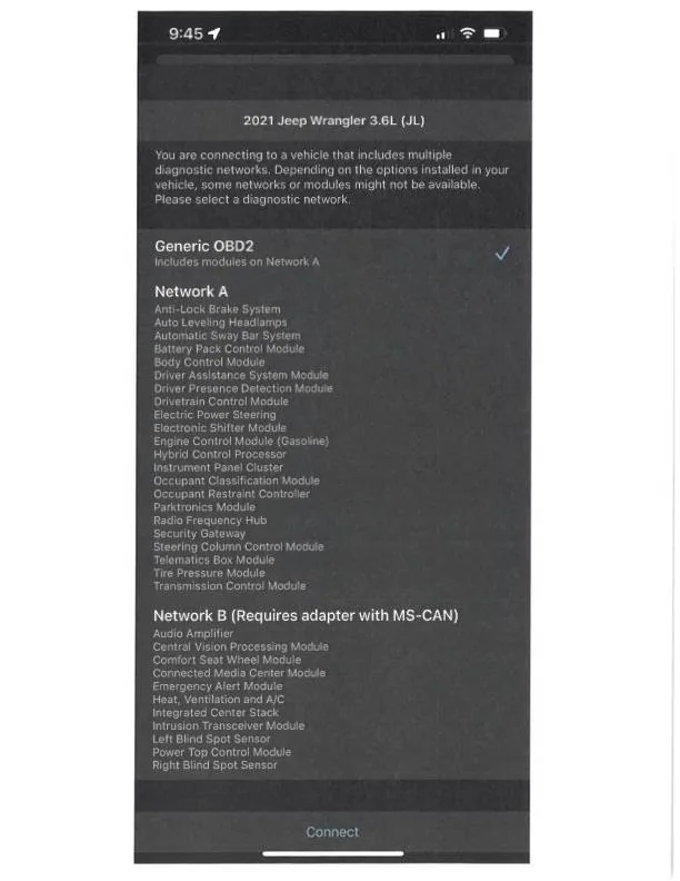 Jeep Wrangler JL OBDLink MX+ Functionality Without SGW Bypass & Volumetric Efficiency/Brake Specific Fuel Consumption OBDLink App Select Network