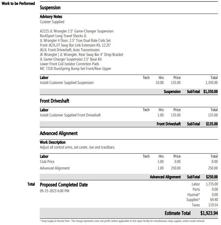 Jeep Wrangler JL Lift install cost Globex2.5MC_driveshaft