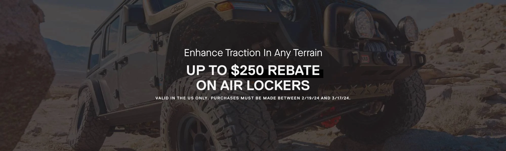 Jeep Wrangler JL UP TO $250 REBATE ON ARB AIR LOCKERS Website Banner – 2