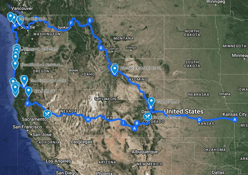 Jeep Wrangler JL 5500 miles over 38 nights towing an Encore ROG 12RK w/ my '24 392 new trip map 20240509