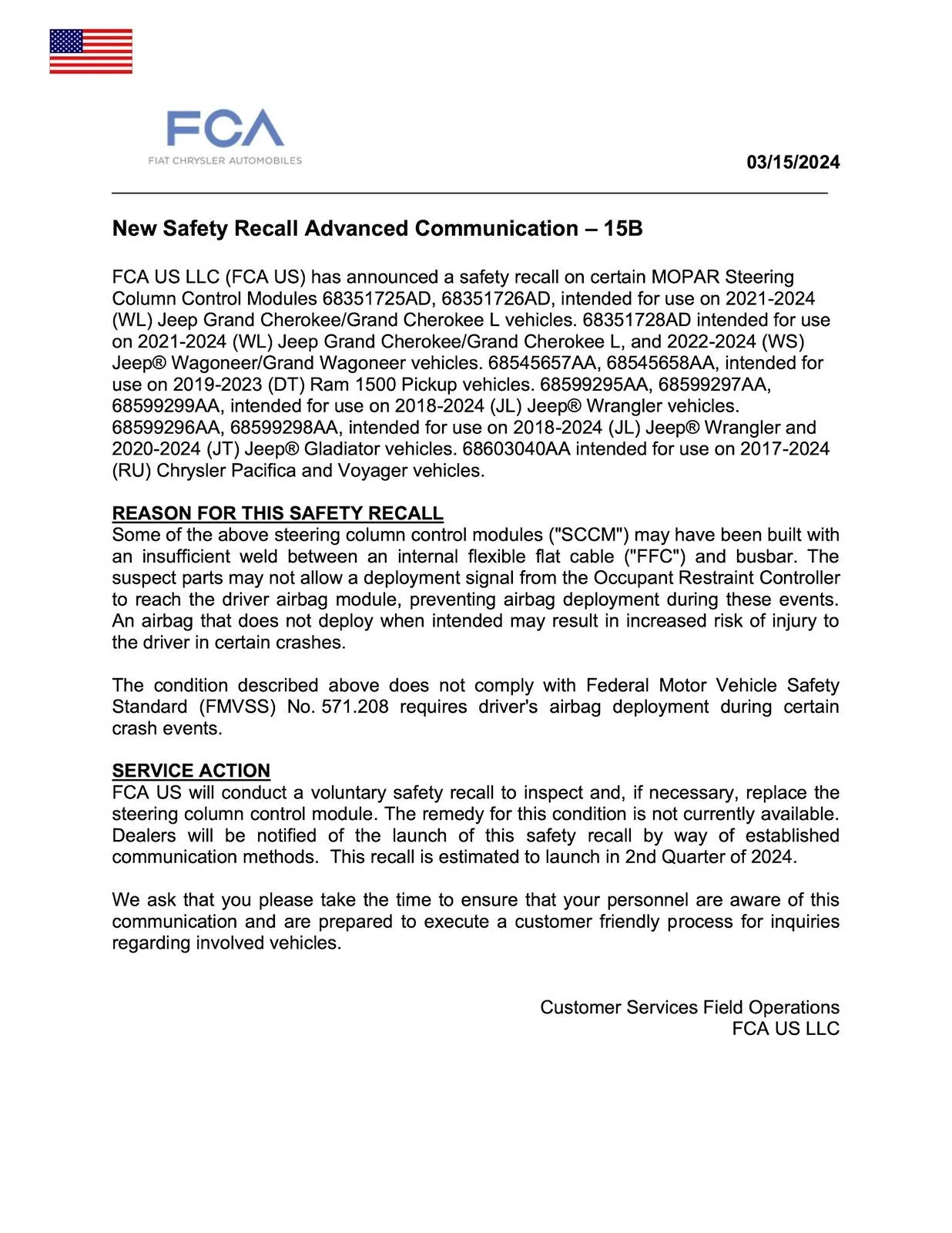 Jeep Wrangler JL SCCM Recall 15B (Steering Column Control Module) RCMN-24E025-6768-1